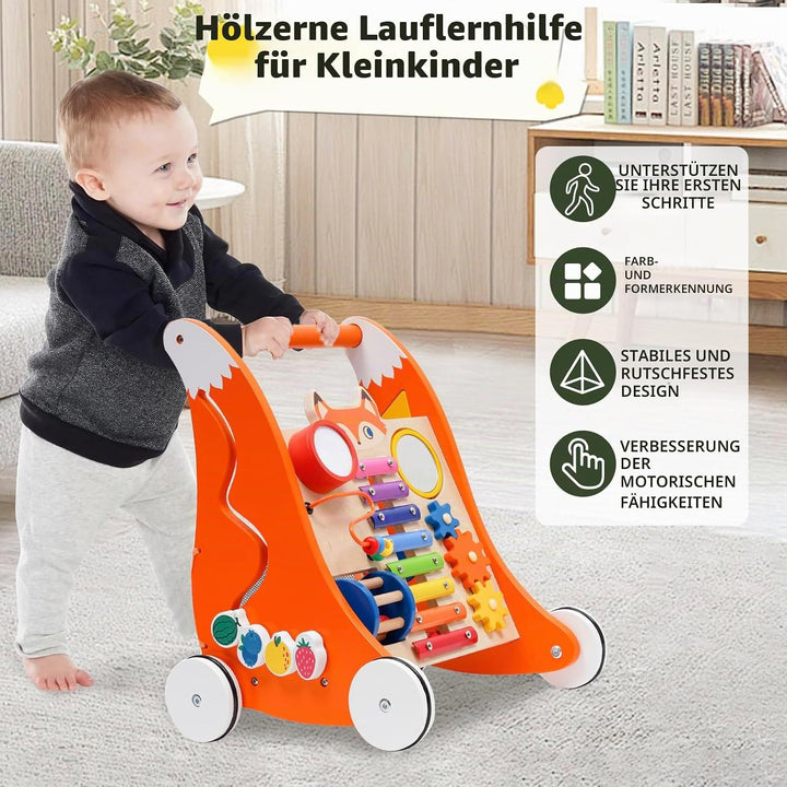 Lauflernwagen Holz für Kleinkinder, Multifunktionale Lauflernhilfe mit Spielbrett und Musik, Laufler