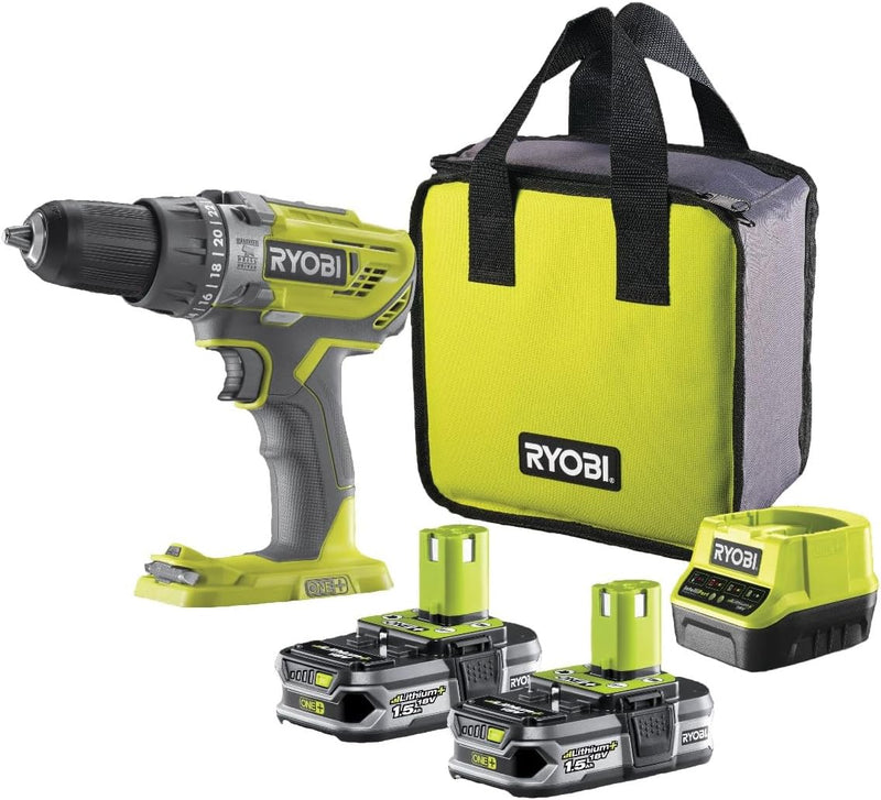 RYOBI 18V ONE+ 2-Gang Akku-Schlagbohrschrauber R18PD3-215S (13mm Bohrfutter, 24 Drehmoment Einstellu