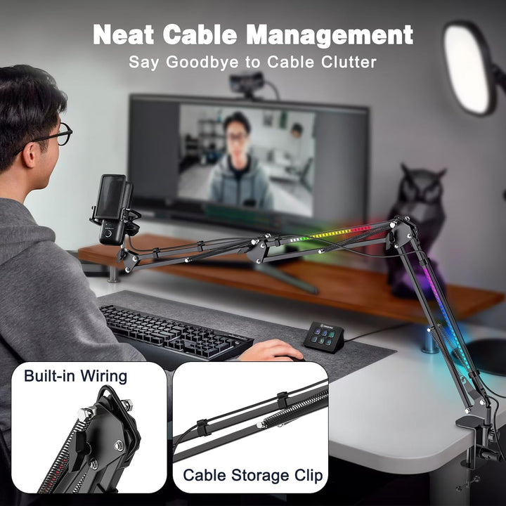 Jubor Mikrofon Boom Arm mit RGB Licht, Mikrofonarm Schreibtisch mit 3/8" bis 5/8" Schraube, Verstell