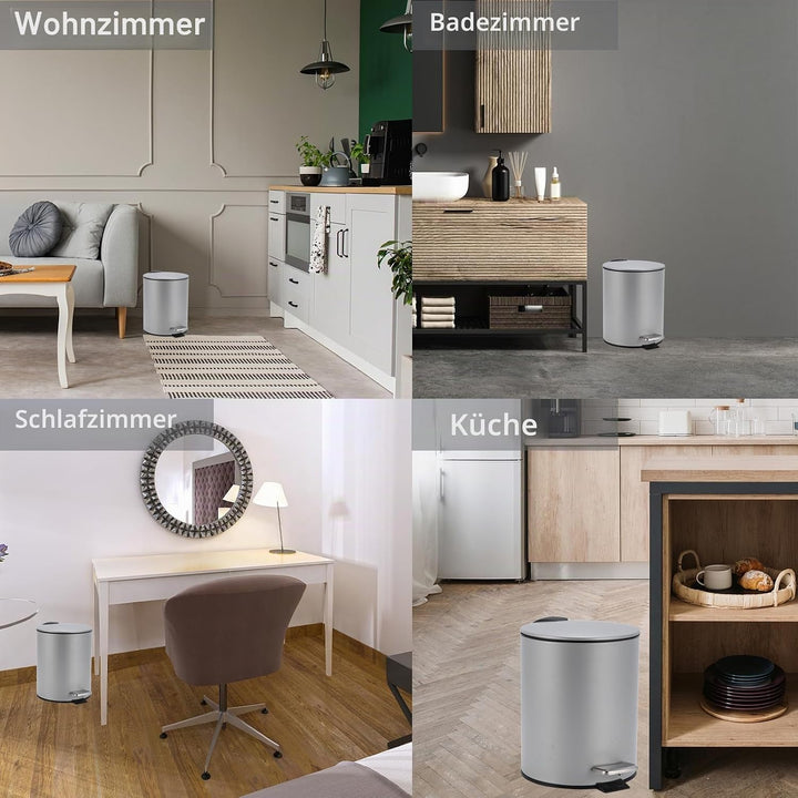 Kosmetikeimer Grau 3l, Mülleimer Bad mit WC-Bürste, Metall Tretmülleimer Badezimmer, Badmülleimer mi