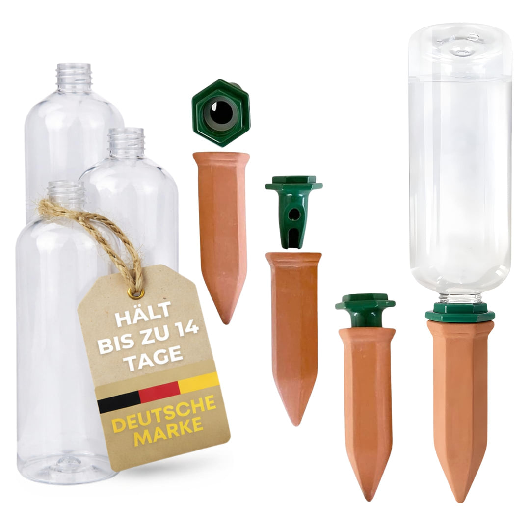 Pflanzenbewässerung | Tonkegel inklusive Adapter und PET Flaschen 750 ml | Bewässerungsspikes für op