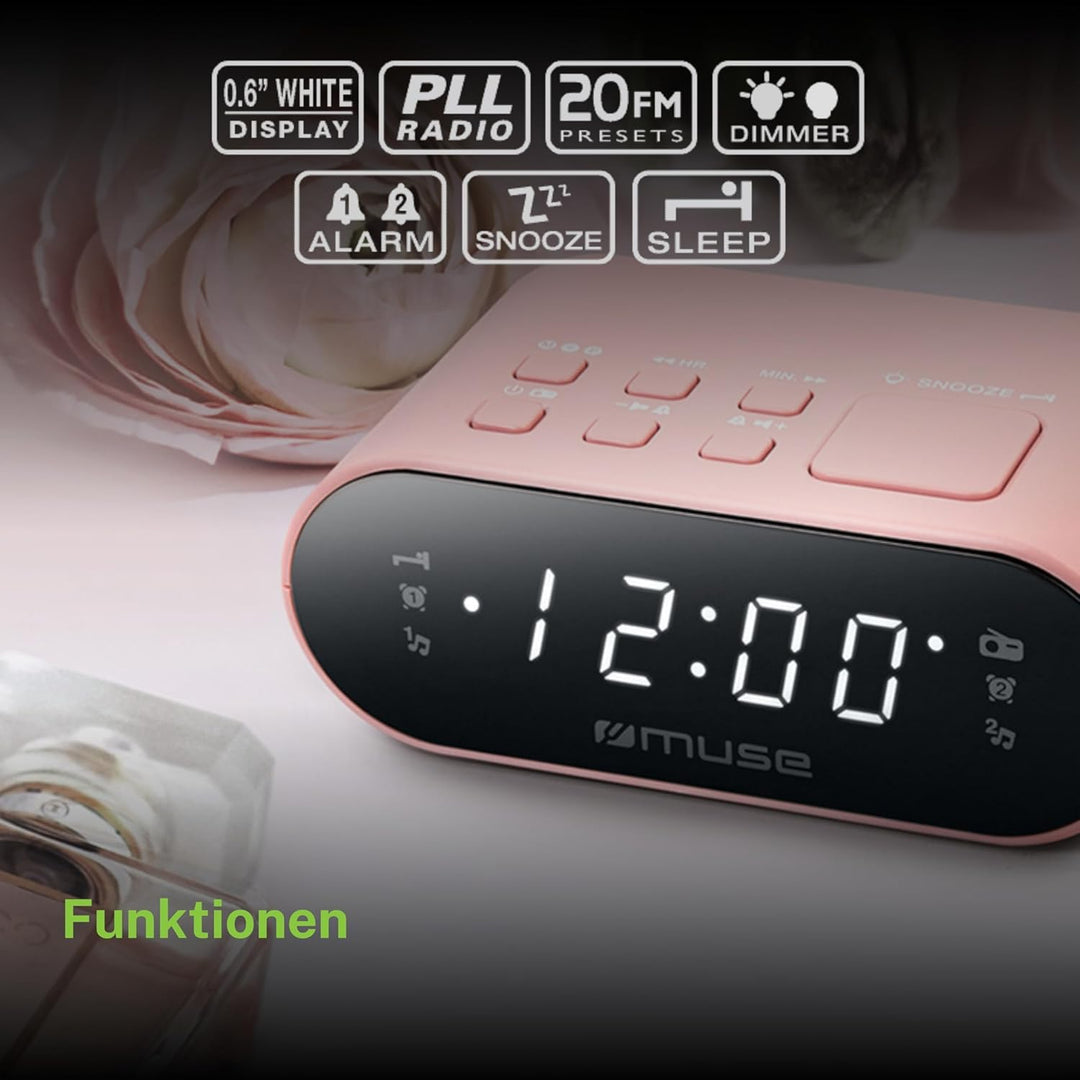 MUSE DUALER WECKER Radio PLL in Rosa, Handlicher UKW-PLL-Radio mit Dual-Alarm, LED Anzeige, 24-Stund