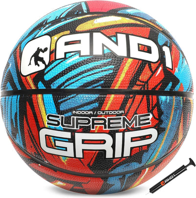 AND1 Supreme Grip Rubber Basketball & Pump Bundle- Official Size 7 (29.5”) Streetball, Made for Indo