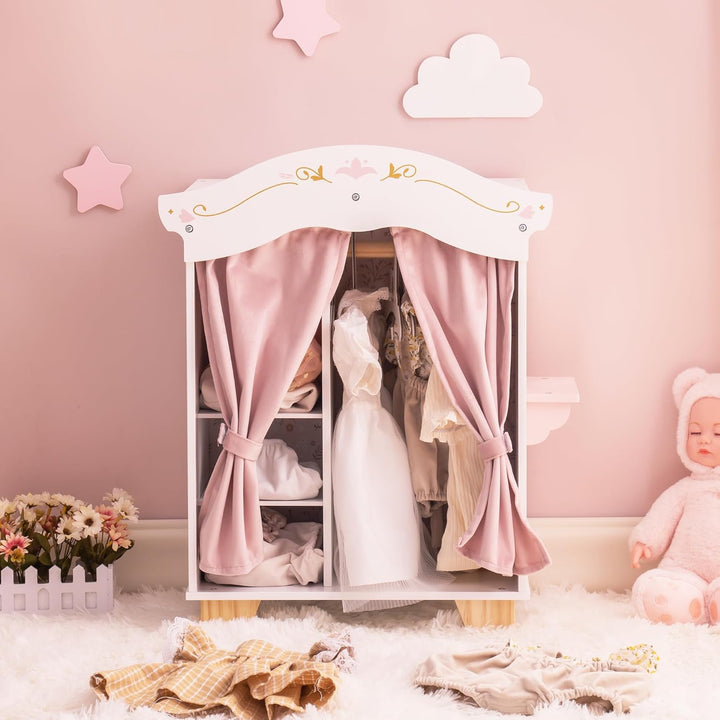 ROBUD Holzpuppenschrank mit Spiegel und 5 Kleiderbügeln Kinder ab 3 Jahren Süsser Puppenschrank, Süs