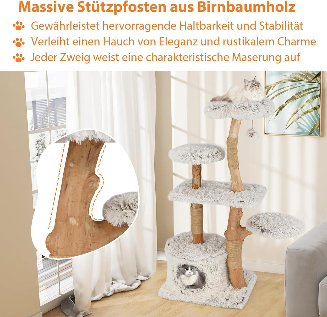 COSTWAY 135cm Kratzbaum Holz, Katzenbaum mit Katzenhöhle, Plüschsitzfläche, Sitzplattform &amp; Ball, Ka