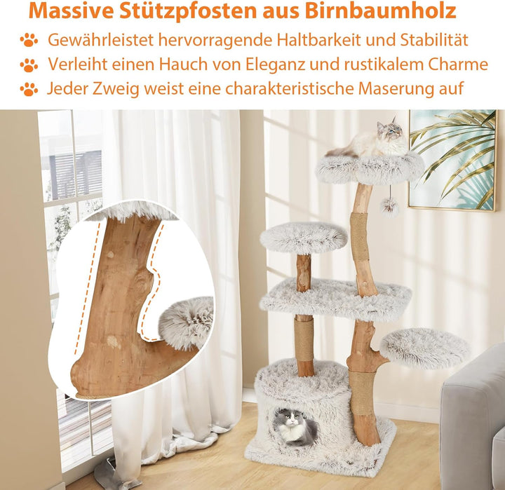 COSTWAY 135cm Kratzbaum Holz, Katzenbaum mit Katzenhöhle, Plüschsitzfläche, Sitzplattform &amp; Ball, Ka
