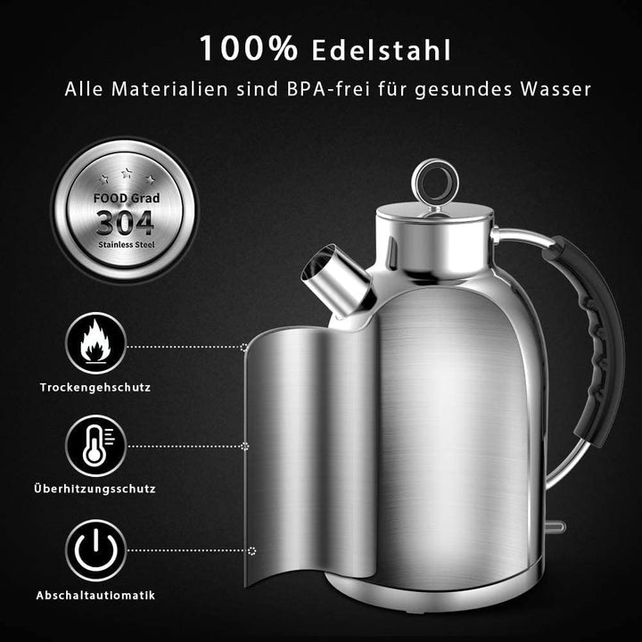 ASCOT Wasserkocher Edelstahl, Elektrischer Wasserkessel Geschenke für Männer/Frauen/Familie 1,5 lite