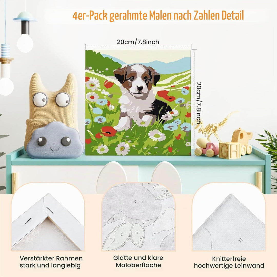 GHHKUD Malen Nach Zahlen Set für Kinder und Erwachsene - 4 Stück Süsse Kätzchen und Hund Motiv - Ab