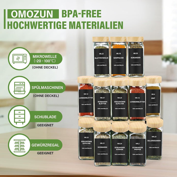 Gewürzgläser Eckig mit Etiketten Set 12er: Kleine Gewürzdosen Glas 120ml mit Streueinsatz Wasserfest