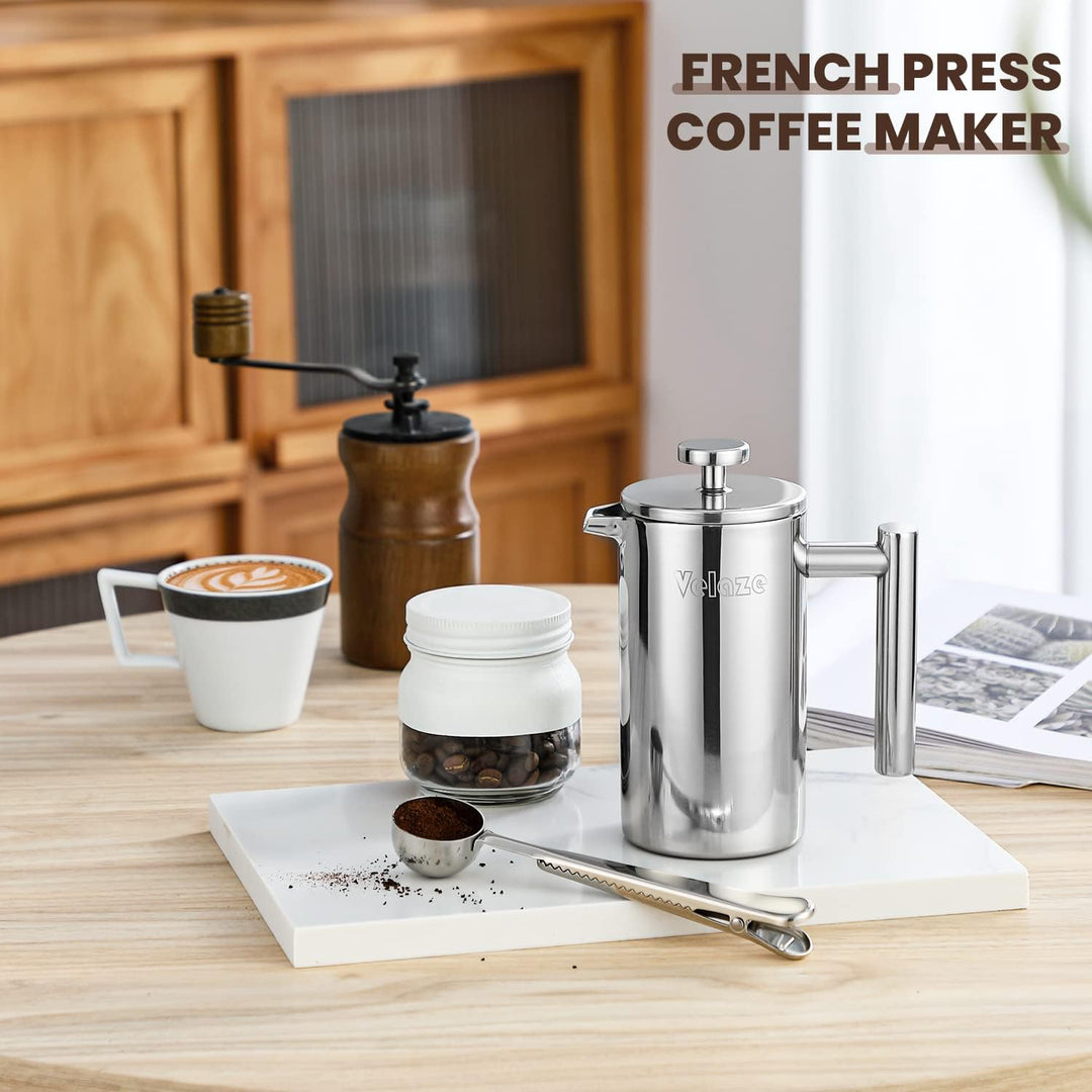 Velaze French Press Edelstahl Kaffeebereiter, 350ML Kaffeezubereiter für 2-3 Tassen, Doppelwandige F