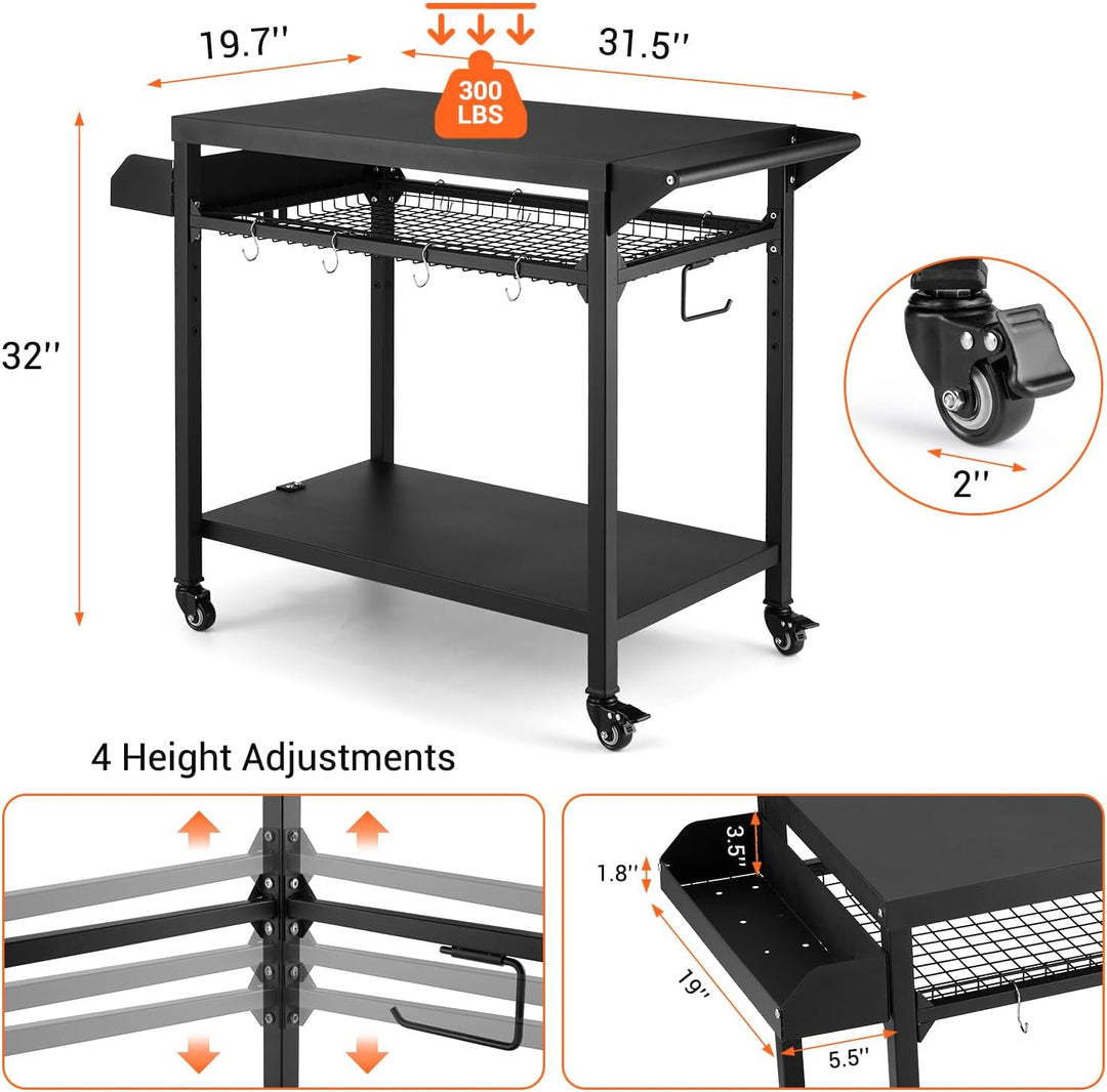 GarveeTech Grillwagen Outdoor – Mobiler Grilltisch mit 3 Ablagen, Gitterablage, Rollen & Haken für G
