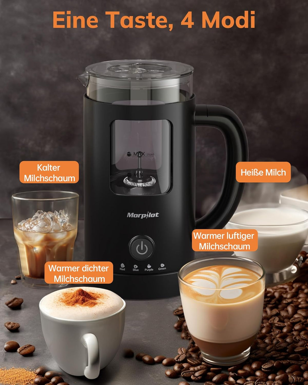 Morpilot Milchaufschäumer Elektrisch, 130-600ml 600W, 4 in 1 Milchschäumer für Heisser und Kalter, V