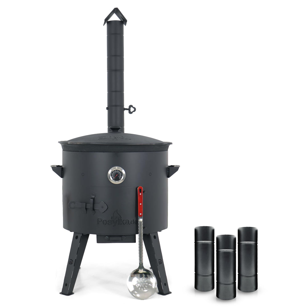 Utschak Feuerofen Ø 49 cm & Gusseisen-Kasan 22 L | Kazan-Set mit Deckel | Usbekischer Kochtopf für G