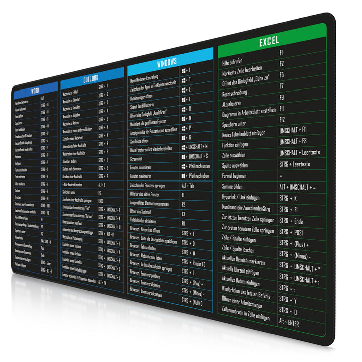 TITANWOLF - XXL Speed Gaming Mauspad 1200 x 600mm - Excel Windows Outlook Word Shortcut Tastenkürzel