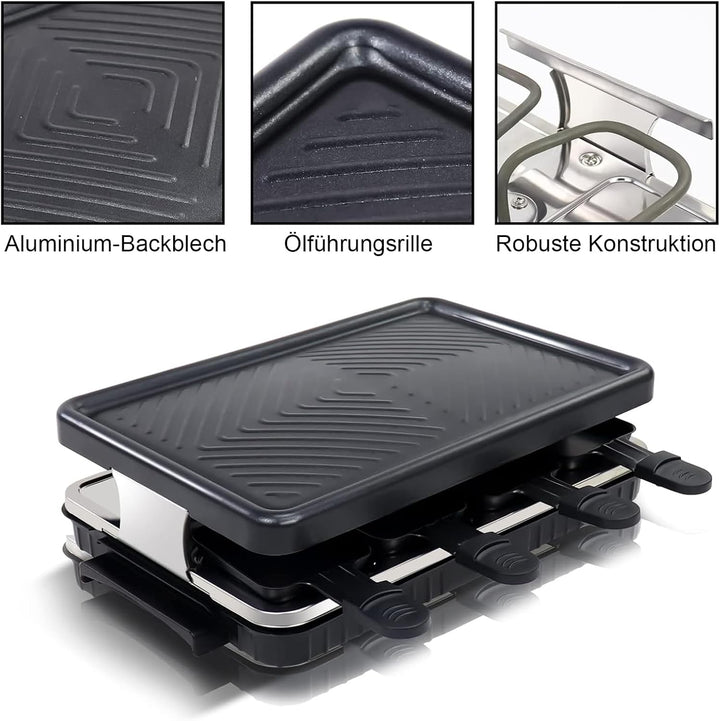 Raclette 8 Personen - Raclette Grill Antihaft Beschichtung Grillpfanne mit 8 Mini Raclette Pfännchen