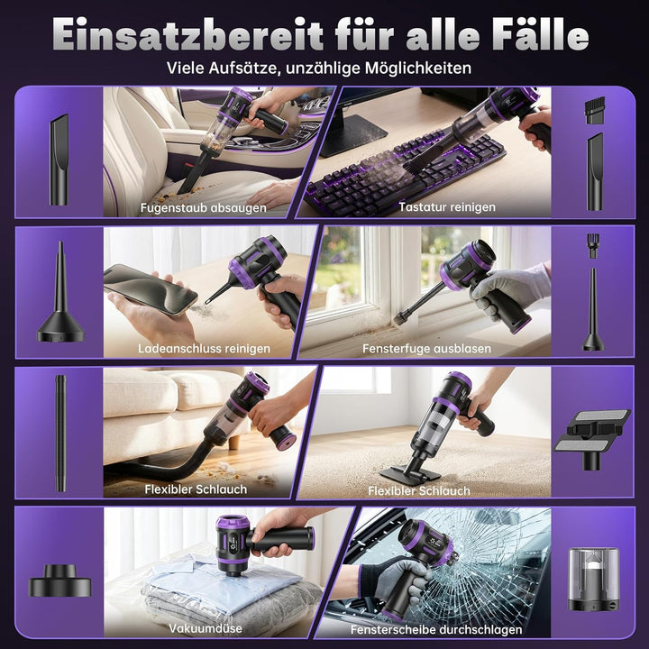 Handstaubsauger Akku 27000Pa mit LED-Display, 5-in-1 Kabelloser Autosauger Stark ,Bürstenloser Motor