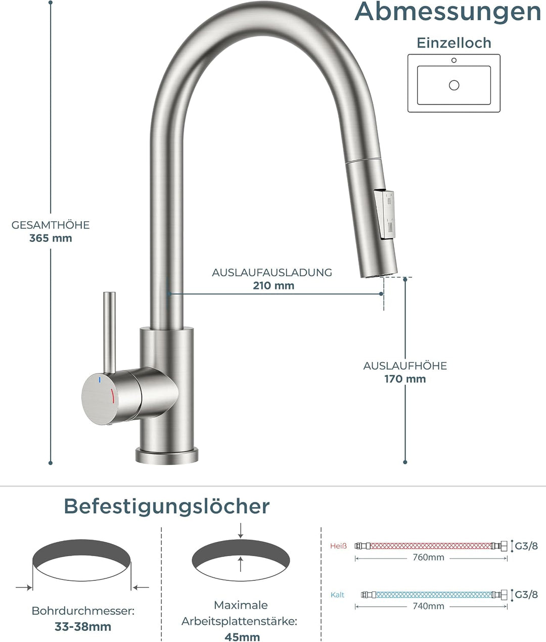 FORIOUS Niederdruckarmatur küche, Ausziehbarer Küchenarmatur, Wasserhahn mit 3 anschluessen fuer boi