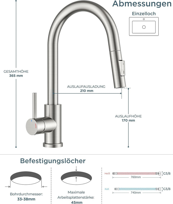 FORIOUS Niederdruckarmatur küche, Ausziehbarer Küchenarmatur, Wasserhahn mit 3 anschluessen fuer boi