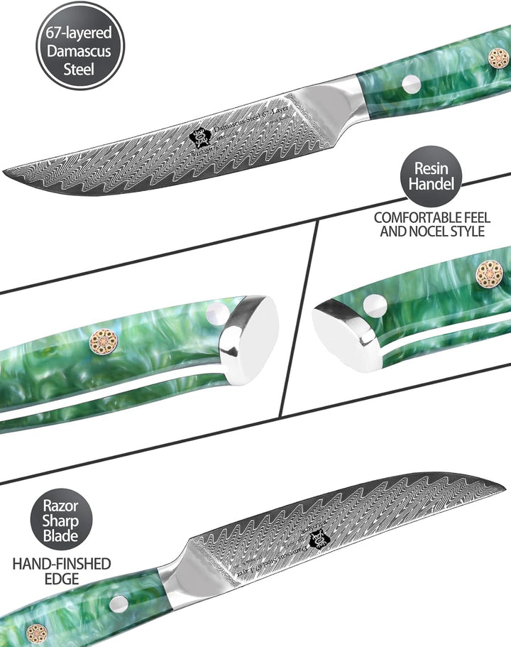 WILDMOK Steakmesser, 13cm nicht gezahnt, Steakmesser-Set mit 4 Stück, Steakmesser aus japanischem Da