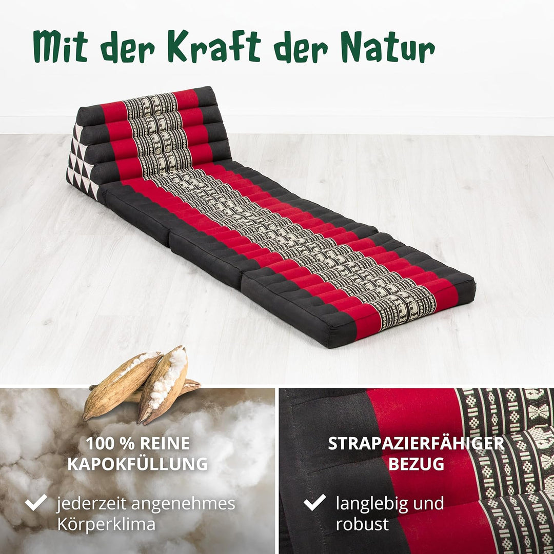 livasia Thaikissen 3 Auflagen extrahoch - 185x55x8cm - Dreieckskissen mit Klappmatratze, Kapok, Jumb