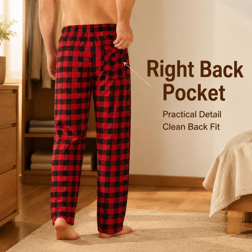 Herren 100% Baumwolle Flanell Bequeme Pyjama/Lounge Bottoms mit Taschen S Black Red Check, S Black R