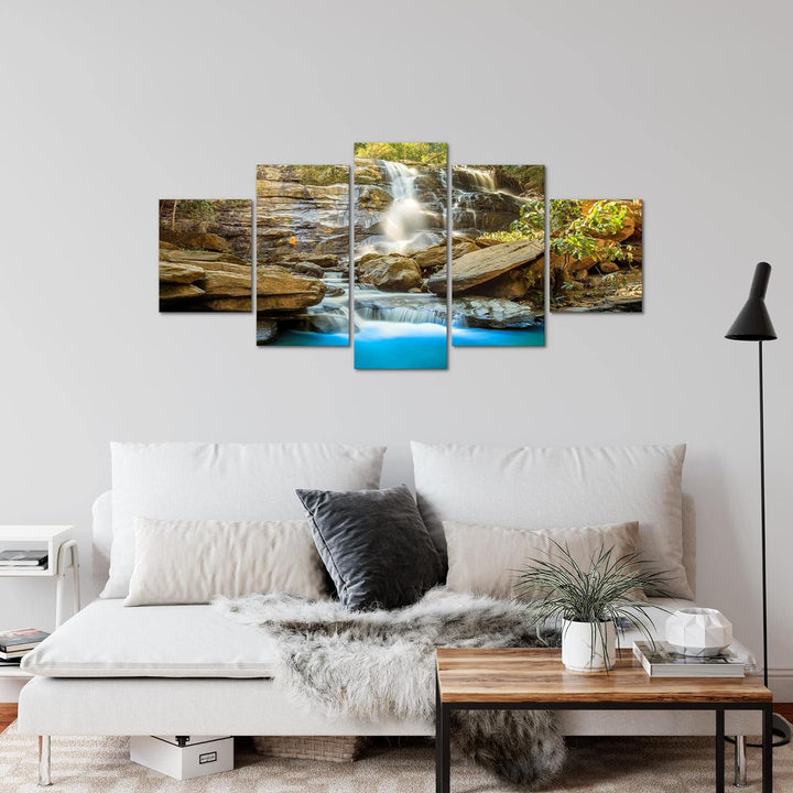 Runa Art Wandbilder Wasserfall 5 Teilig Bild auf Vlies Leinwand Deko Wohnzimmer Schlafzimmer Berge N
