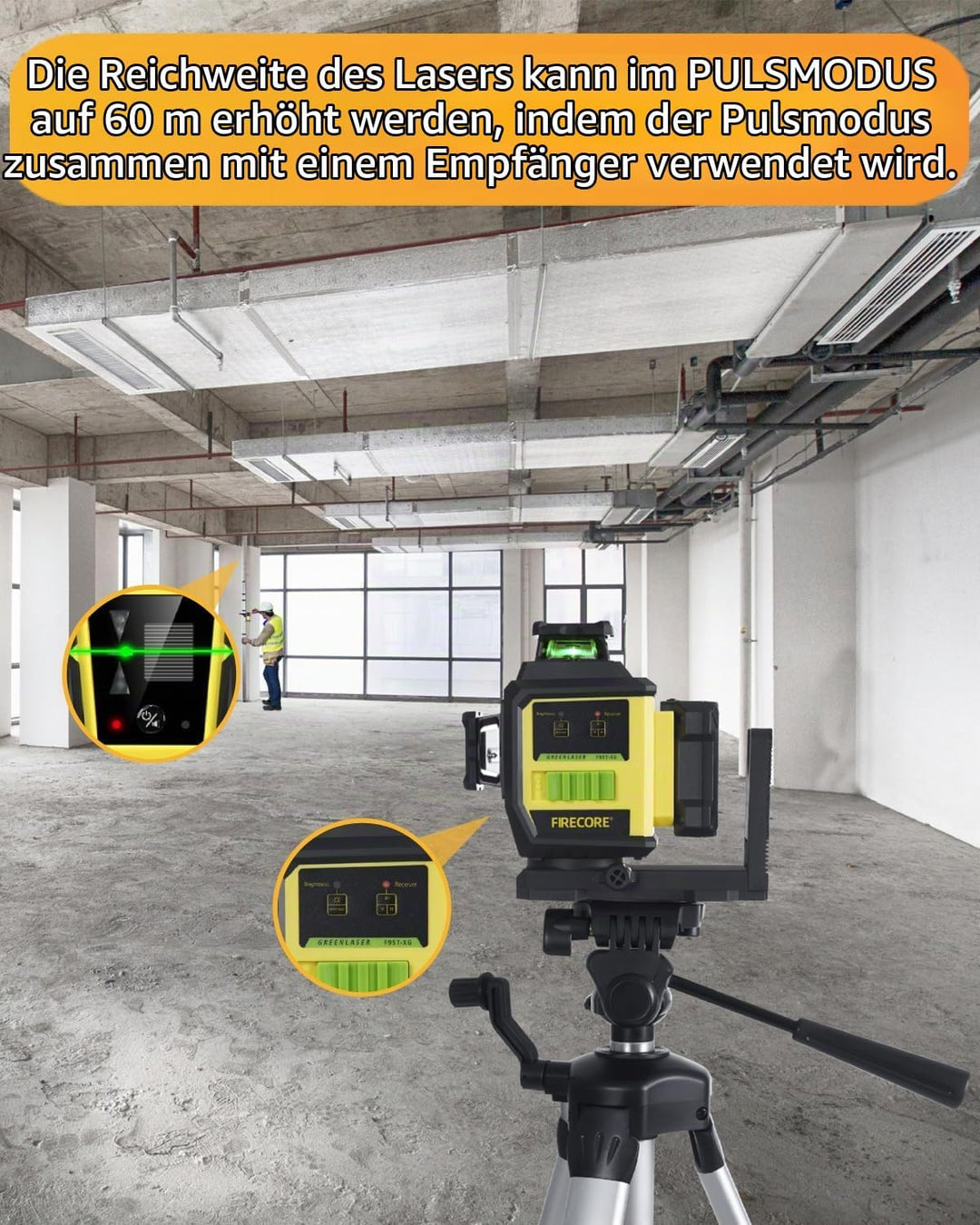 Kreuzlinienlaser mit Stativ, Firecore Laser-Wasserwaage Selbstnivellierend Linienlaser Grün, 3×360°