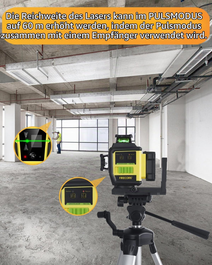 Kreuzlinienlaser mit Stativ, Firecore Laser-Wasserwaage Selbstnivellierend Linienlaser Grün, 3×360°