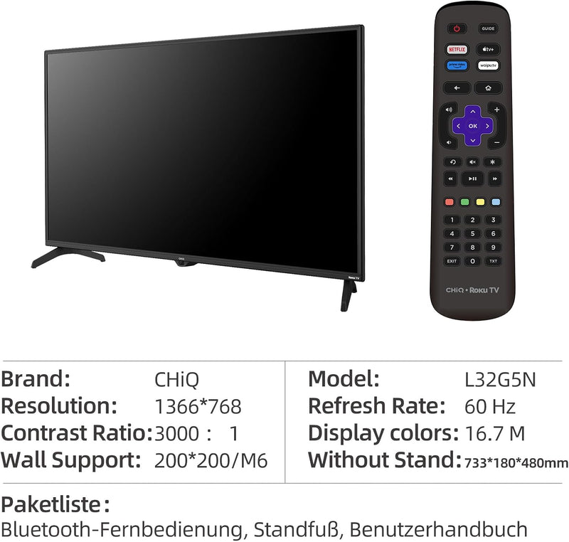 CHIQ L32G5N 32 Zoll Roku TV, Smart TV, HDR10, Works with Alexa, DVB-T2/T/C/S/S2, Unterstützt Apple A