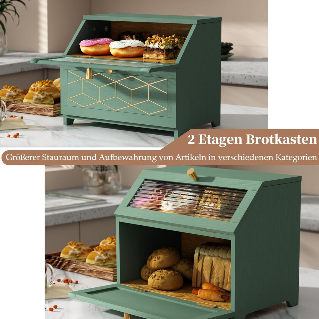 Brotkasten Holz, 2 Etagen Brot Aufbewahrungsbox, Grün Brotkasten Gross Mit Transparentem Fenster Bro