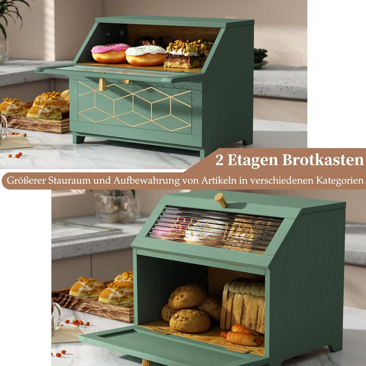 Brotkasten Holz, 2 Etagen Brot Aufbewahrungsbox, Grün Brotkasten Gross Mit Transparentem Fenster Bro