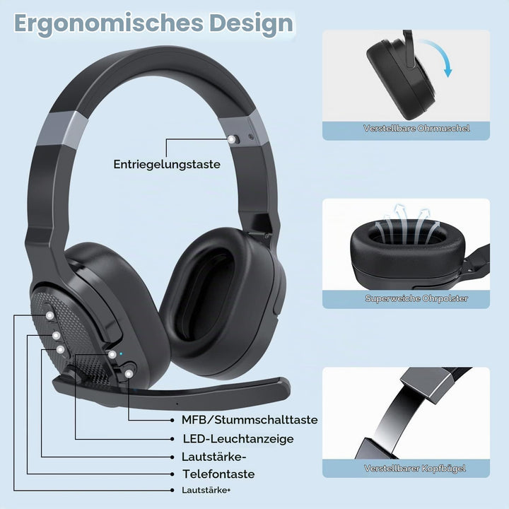 ANSTEN Headset mit mikrofon Bluetooth mit ANC &amp; 40h Akkulaufzeit – Ultra-Komfortables Bluetooth Head