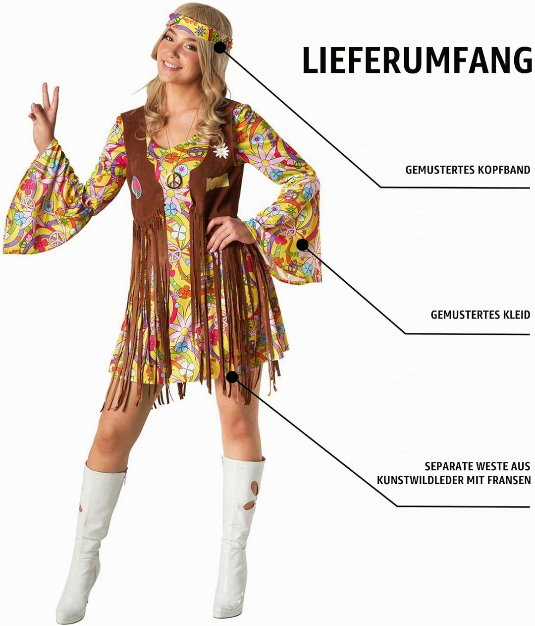 Morph Hippie Kostüm Damen Kleid, Hippie Damen Kleid, 70er Jahre Kostüm Damen, 70er Kostüm Damen, Hip
