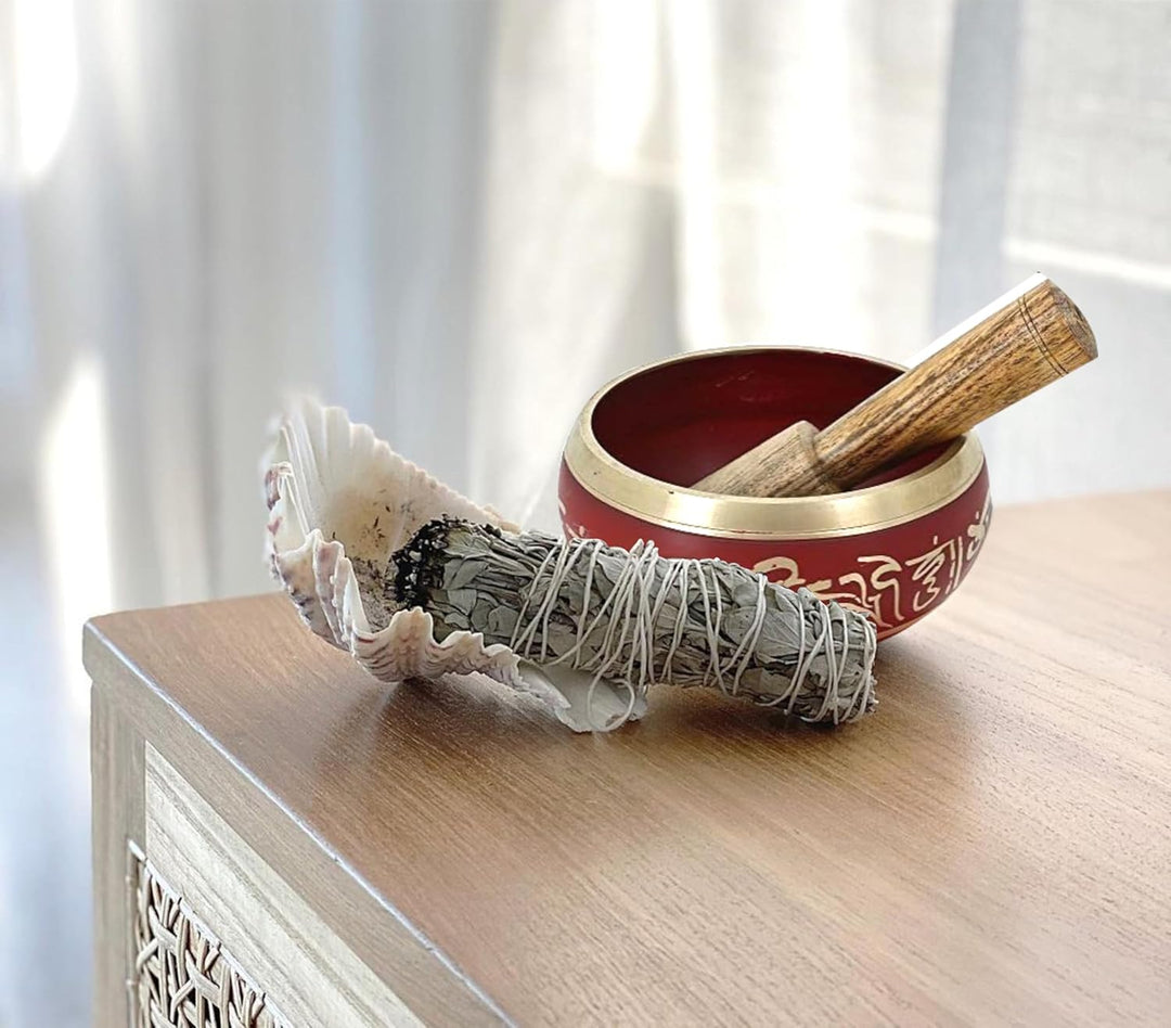 Ajuny Tibetische Klangschale Set Handgefertigte Messing-Schale In Rot mit Stock & Kissen Meditation