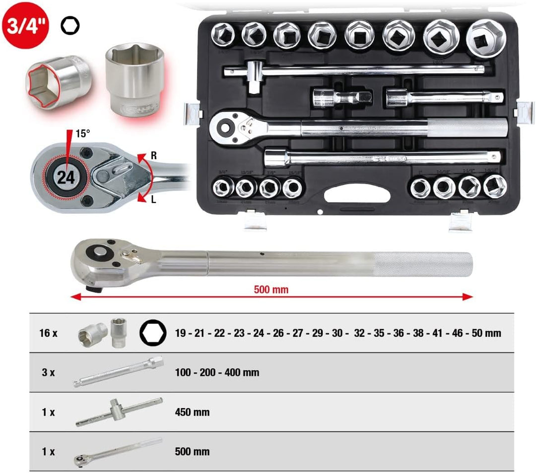 KS Tools 911.0721 3/4" Steckschlüssel-Satz, 21-tlg 6-kant 3/4", 6-kant 3/4", 3/4", 6-kant 3/4"