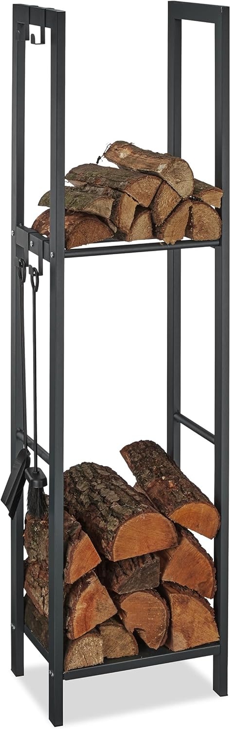 Relaxdays, anthrazit Kaminholzregal mit 2 Ablagen, aus Stahl, 4 Haken für Kaminbesteck, Brennholzreg