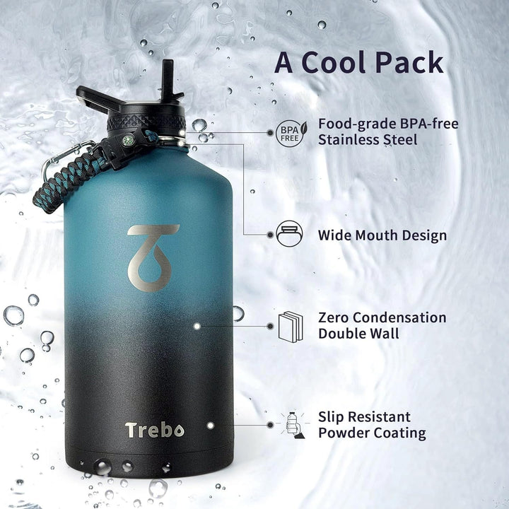 Trebo 1.5 l Wasserflasche isoliert mit Paracord-Griff, 3.6 l Edelstahl-Sport-grosser Krug, lebensmit