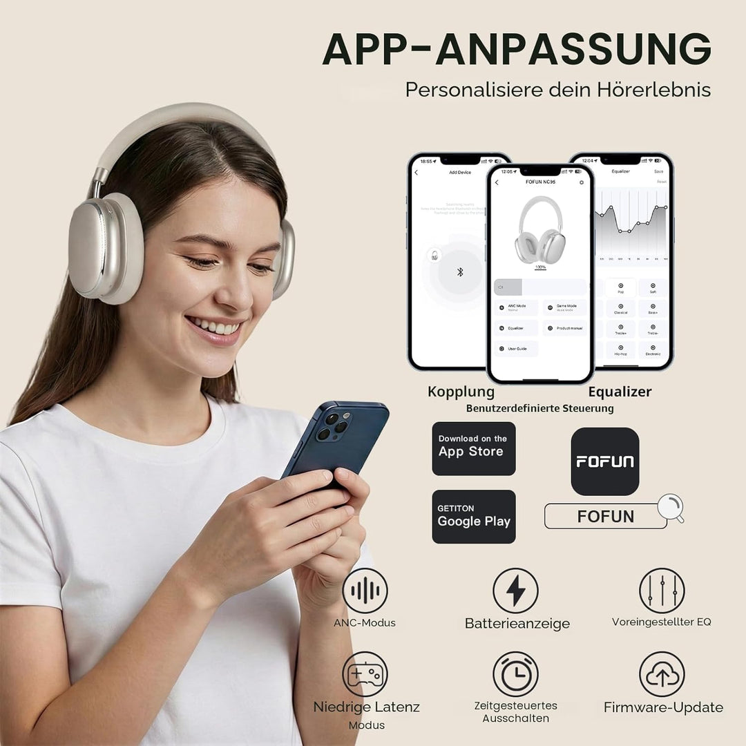 NC95 Hybrid Noise Cancelling Kopfhörer mit Drehknopf,Over-Ear Kopfhörer Kabellos Bluetooth,Transpare