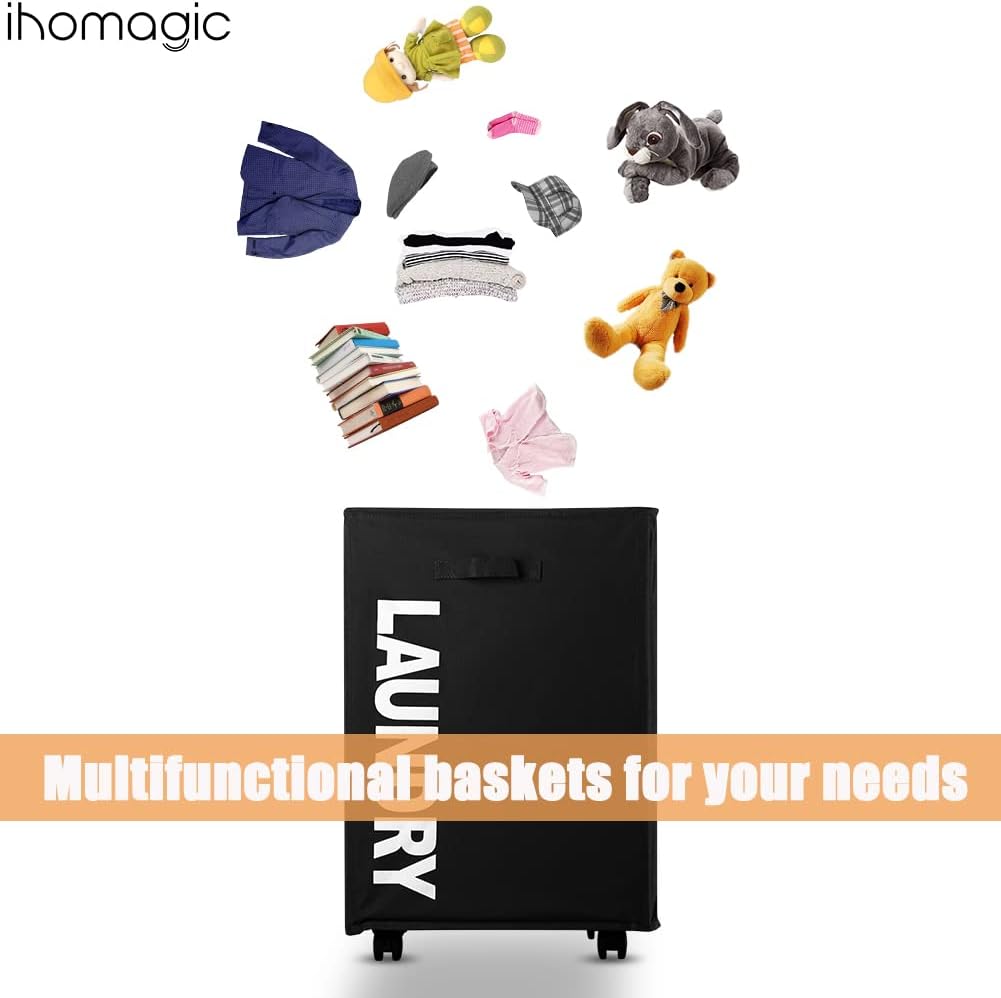 IHOMAGIC Wäschekorb mit Rädern Grosse 65L, Zusammenklappbarer Rollender Wäschekorbe aus Oxford Stoff