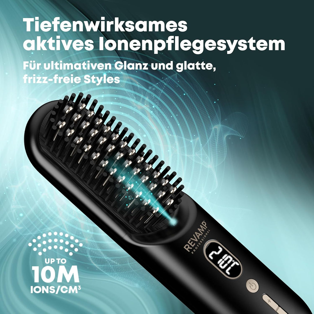 REVAMP Straight & Go Glättbürste kabellos – Mini Haarglätter Bürste mit Ionen & Keramik, USB-C Akku,
