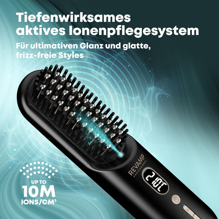 REVAMP Straight & Go Glättbürste kabellos – Mini Haarglätter Bürste mit Ionen & Keramik, USB-C Akku,