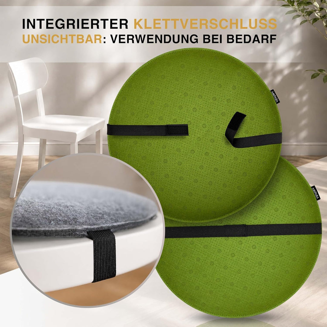 4er Set - Edle Stuhlkissen rund 40cm - rutschfest &amp; gemütlich, Stuhlauflage rund aus Filz, Grün, Grü