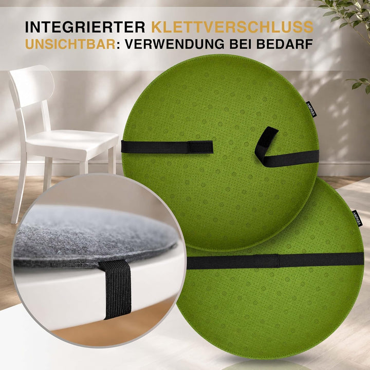 4er Set - Edle Stuhlkissen rund 40cm - rutschfest &amp; gemütlich, Stuhlauflage rund aus Filz, Grün, Grü