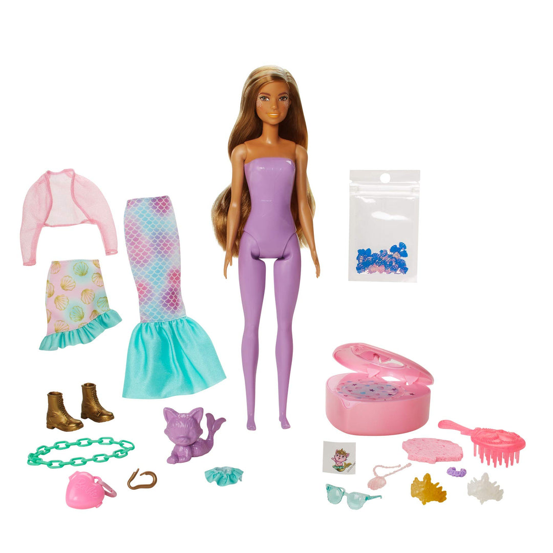 Barbie GXV93 - Color Reveal Fantasy Fashion Meerjungfrau Puppe &amp; Haustier, mit Aufkleber und 25 Über