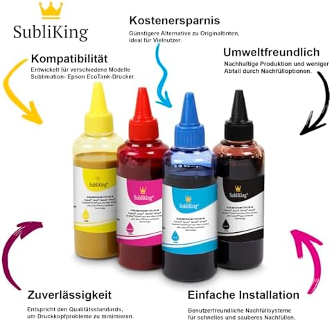 4X 100ml SubliKing® Sublimationstinte (CMYK-Set) für Epson, Ricoh &, 4x 100ml Sublimationstinte, cya