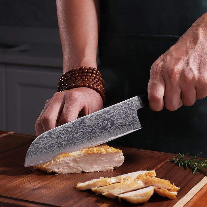 FINDKING 7-Zoll-Japanisches Santoku-Messer, Damastklinge Asiatisches Messer, Kochmesser für den tägl