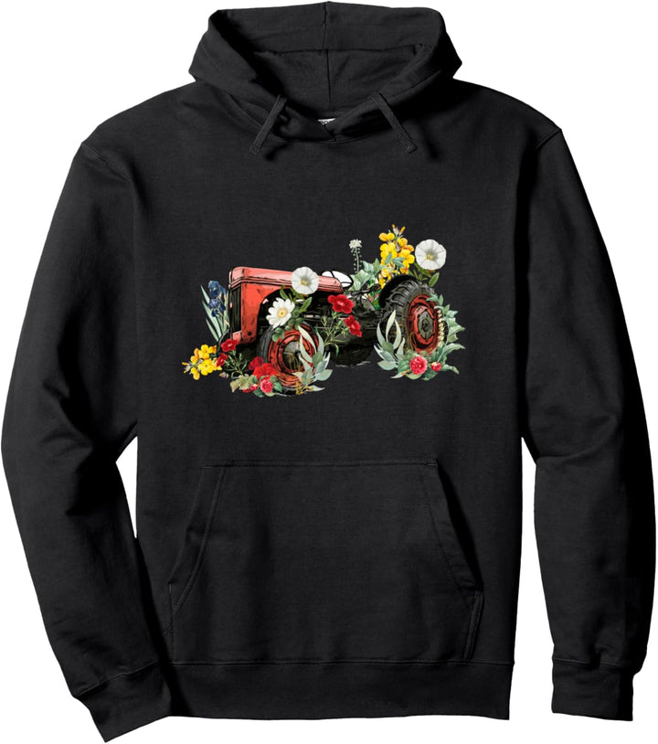 Farmer Tractor Vintage Floral Botanical Flower Garden Pullover Hoodie