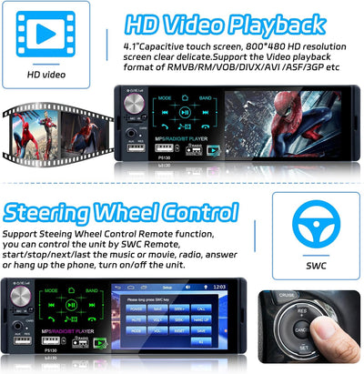 RDS Autoradio 1 Din Bluetooth Freisprecheinrichtung, Hikity 4,1 Zoll Bildschirm Touch Display mit FM