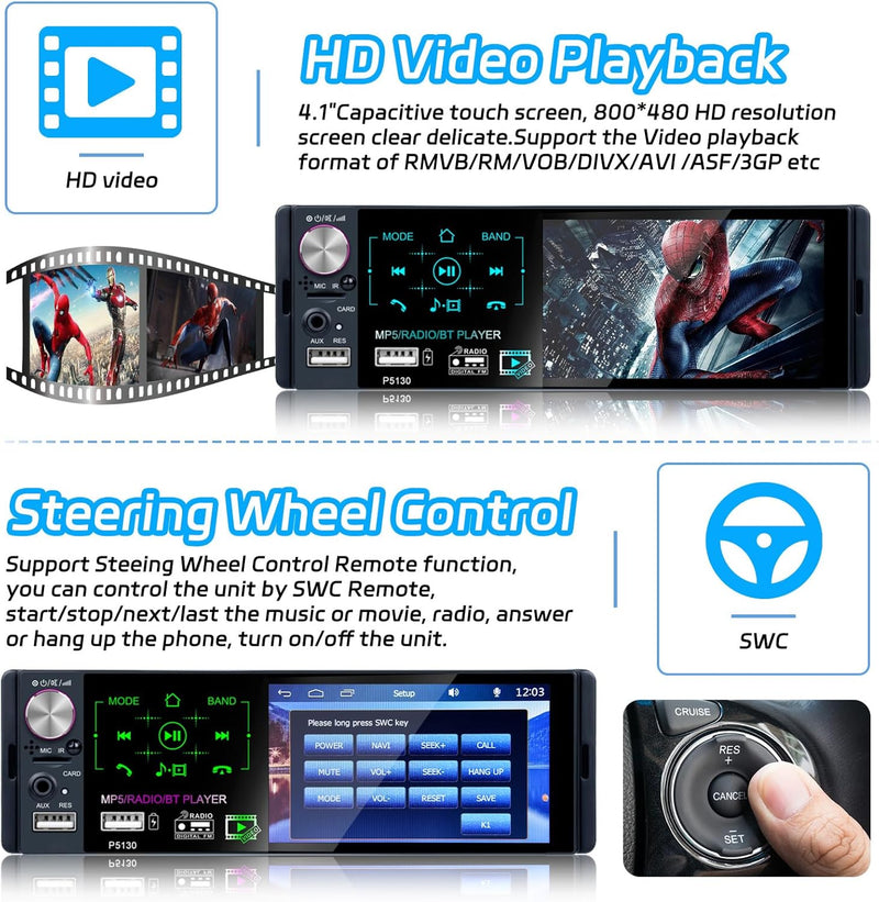 RDS Autoradio 1 Din Bluetooth Freisprecheinrichtung, Hikity 4,1 Zoll Bildschirm Touch Display mit FM