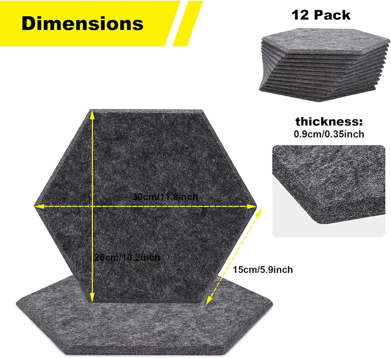 12 Packungen Akustische Absorptions-Paneels, AGPTEK 30 x 26 x 0,9 cm Hexagon Absorptionsplatten, Aku